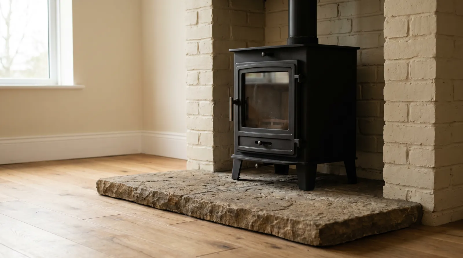 A wood-burning stove standing on a thick natural stone hearth slab in front of a painted brick chimney breast