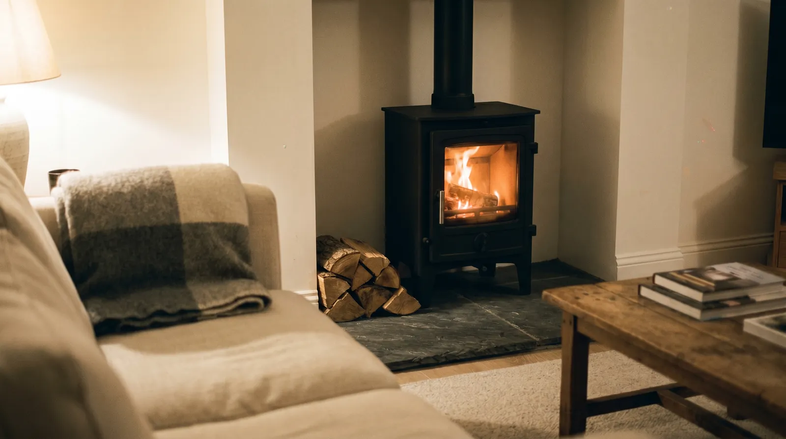 A wood-burning stove with a lit fire in a calm, modern UK living room