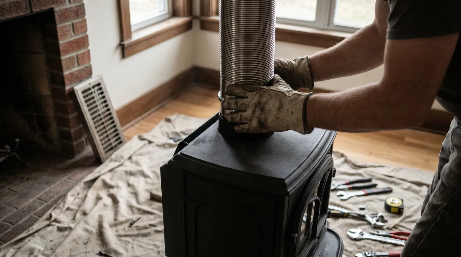 An installer fitting a flue liner to a wood-burning stove during a UK installation