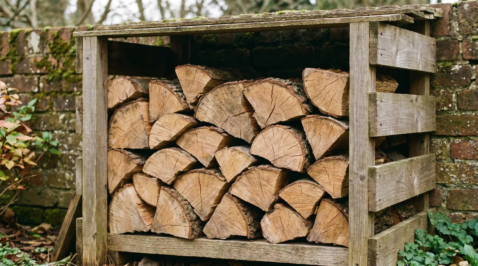 Split seasoned hardwood logs neatly stacked in a wooden log store against a UK garden wall