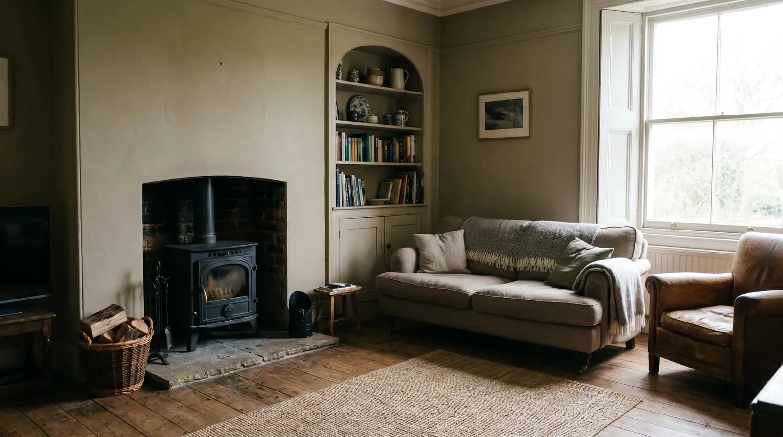 A wood-burning stove in a period UK living room, showing its scale against a sofa and chimney breast